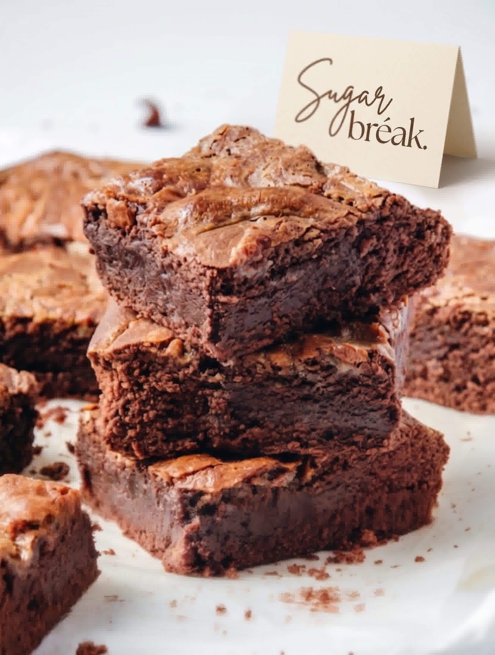 The OG Fudge — a stack of rich, dense fudge brownies with a crackly top, Sugar bréak table card alongside