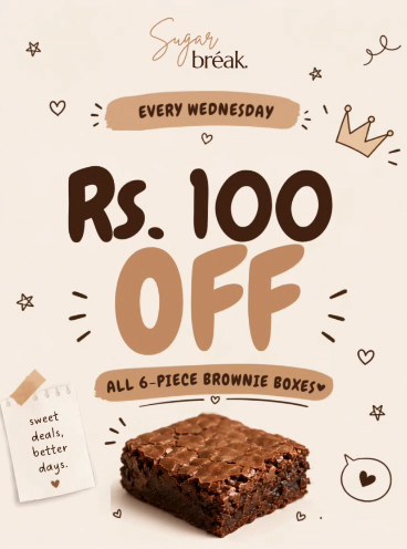 Sugar Break Wednesday promo: Rs.100 off all 6-piece brownie boxes